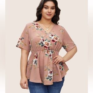 Bloomchic Floral Print Wrap Ruffles Asymmetrical Hem Burgundy Blouse